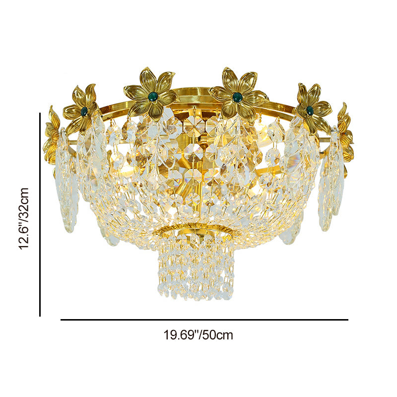 Traditional French Dome Copper Crystal 4-Light Flush Mount Ceiling Light For Living Room