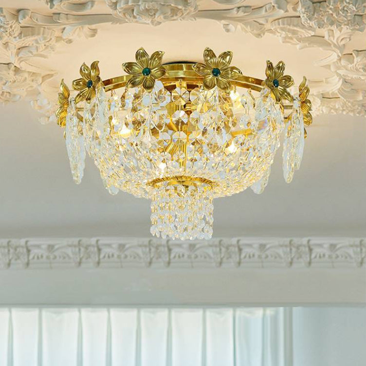 Traditional French Dome Copper Crystal 4-Light Flush Mount Ceiling Light For Living Room