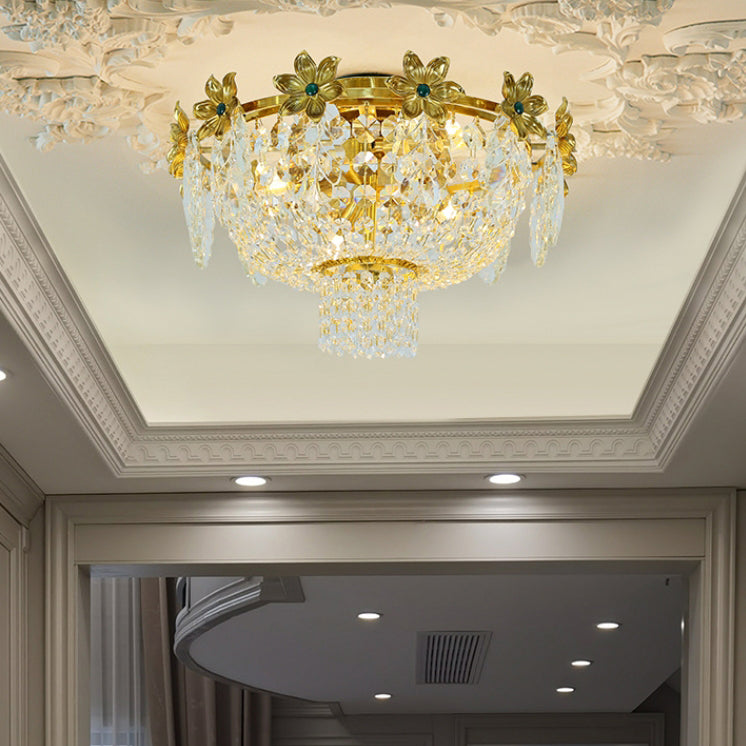 Traditional French Dome Copper Crystal 4-Light Flush Mount Ceiling Light For Living Room