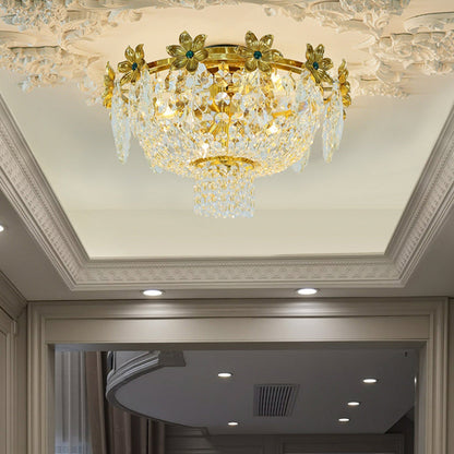 Traditional French Dome Copper Crystal 4-Light Flush Mount Ceiling Light For Living Room