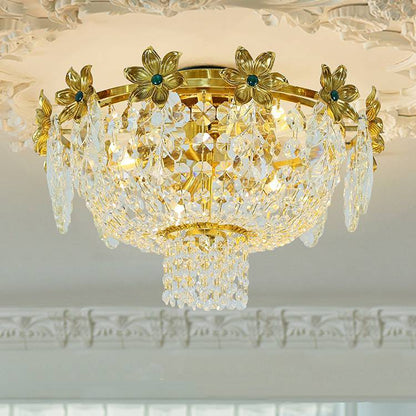 Traditional French Dome Copper Crystal 4-Light Flush Mount Ceiling Light For Living Room
