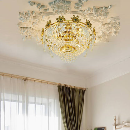 Traditional French Dome Copper Crystal 4-Light Flush Mount Ceiling Light For Living Room