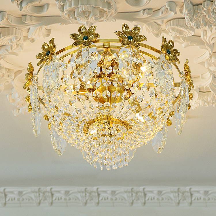 Traditional French Dome Copper Crystal 4-Light Flush Mount Ceiling Light For Living Room