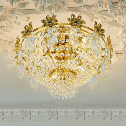 Traditional French Dome Copper Crystal 4-Light Flush Mount Ceiling Light For Living Room