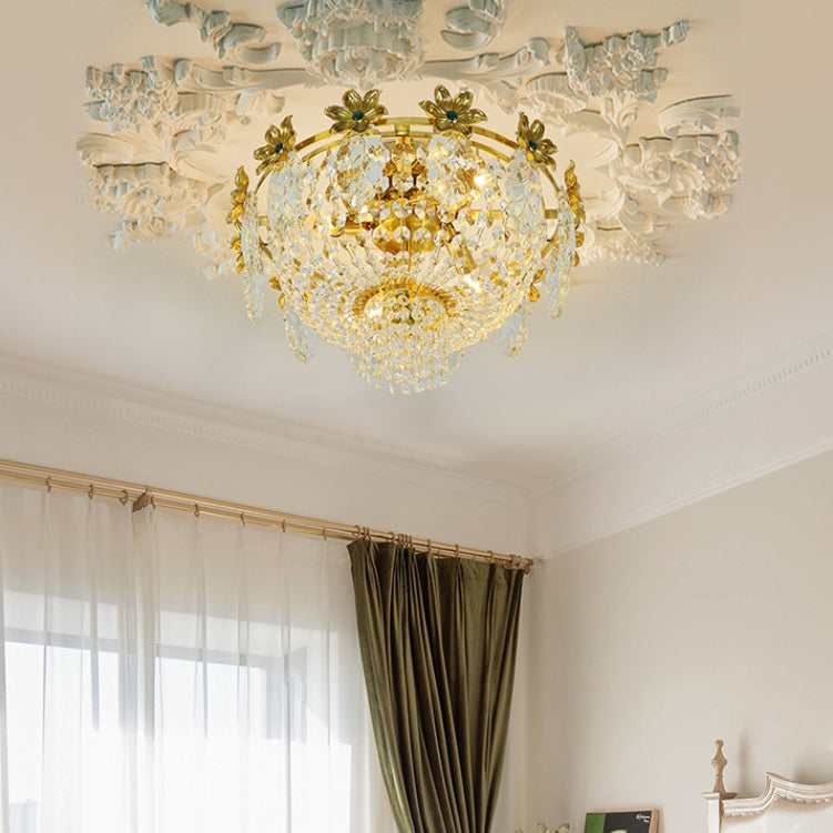 Traditional French Dome Copper Crystal 4-Light Flush Mount Ceiling Light For Living Room