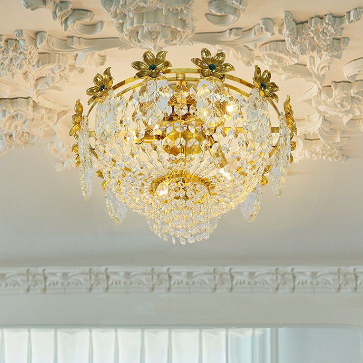 Traditional French Dome Copper Crystal 4-Light Flush Mount Ceiling Light For Living Room