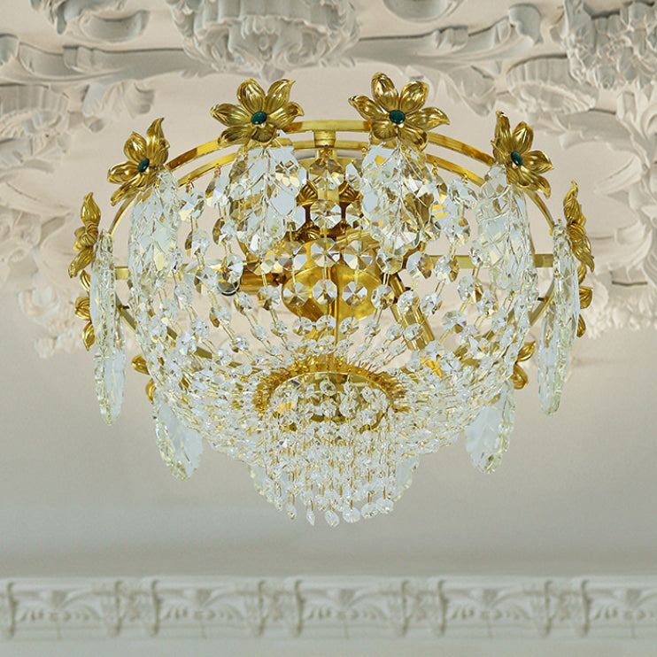 Traditional French Dome Copper Crystal 4-Light Flush Mount Ceiling Light For Living Room
