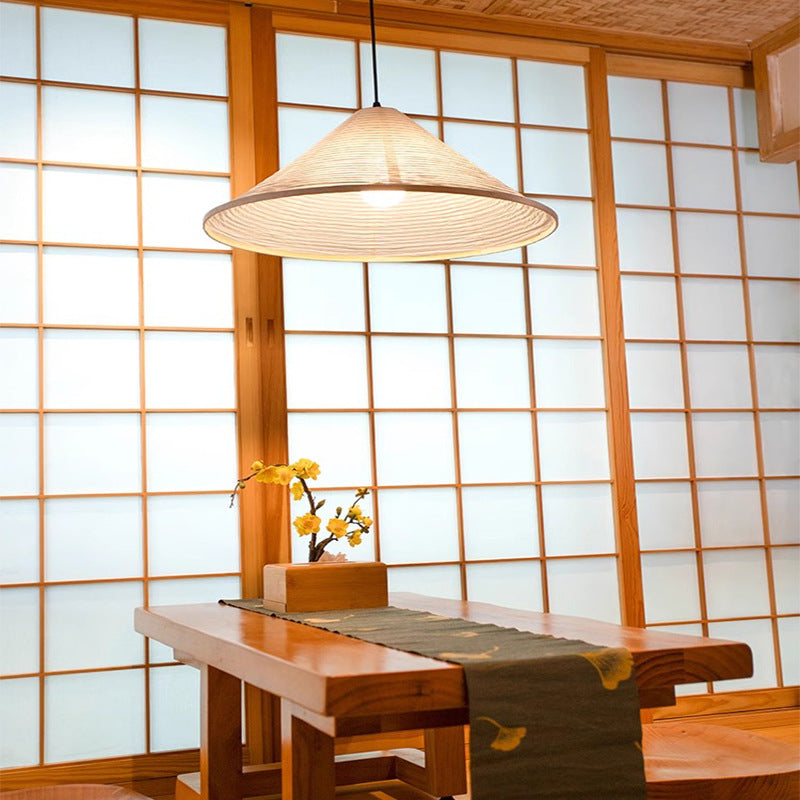 Traditional Japanese Cone Iron Paper 1-Light Pendant Light For Living Room