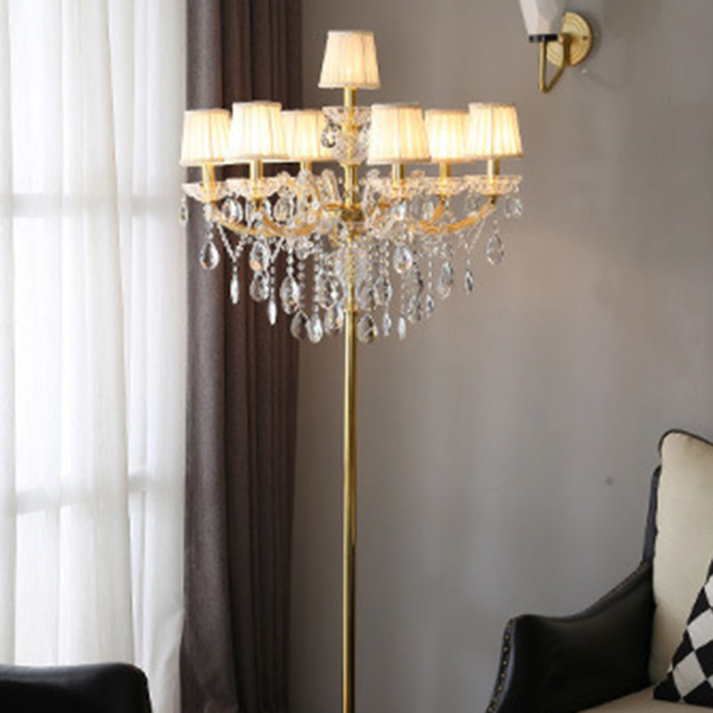 Traditional European Candle Glass Fabric Metal 7-Light Standing Floor Lamp For Living Room