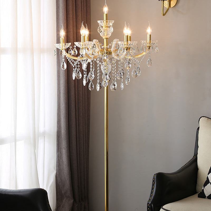 Traditional European Candle Glass Fabric Metal 7-Light Standing Floor Lamp For Living Room