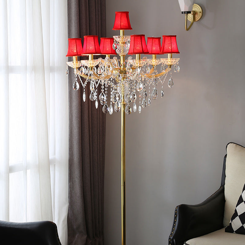 Traditional European Candle Glass Fabric Metal 7-Light Standing Floor Lamp For Living Room