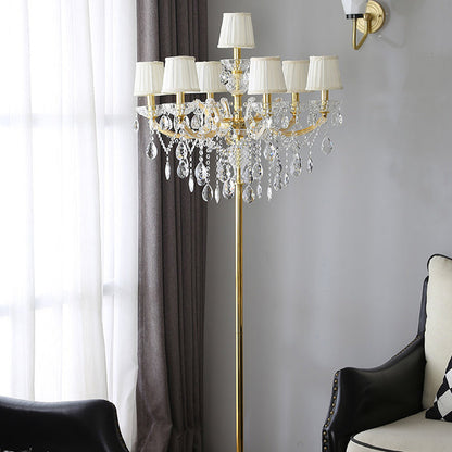 Traditional European Candle Glass Fabric Metal 7-Light Standing Floor Lamp For Living Room