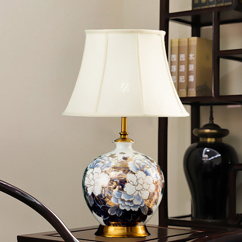 Traditional Chinese Ball Base Ceramic Metal Fabric 1-Light Table Lamp For Bedroom