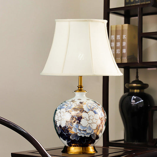 Traditional Chinese Ball Base Ceramic Metal Fabric 1-Light Table Lamp For Bedroom