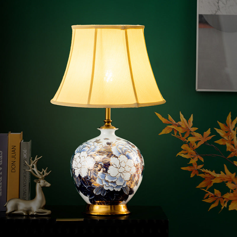 Traditional Chinese Ball Base Ceramic Metal Fabric 1-Light Table Lamp For Bedroom