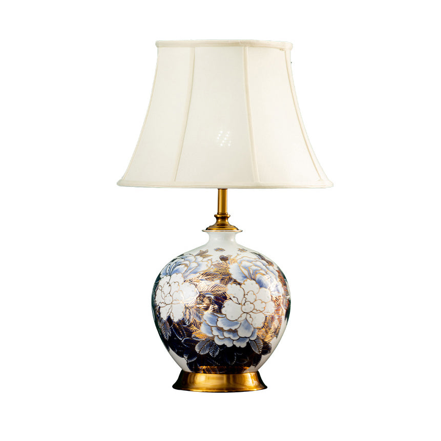 Traditional Chinese Ball Base Ceramic Metal Fabric 1-Light Table Lamp For Bedroom