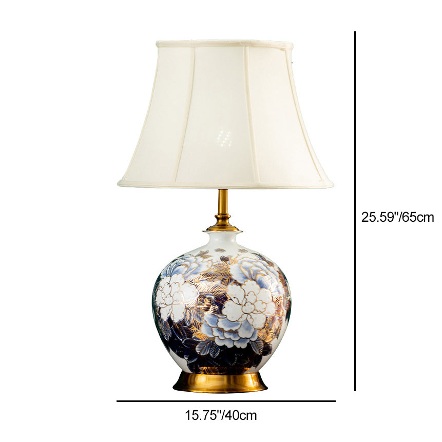 Traditional Chinese Ball Base Ceramic Metal Fabric 1-Light Table Lamp For Bedroom