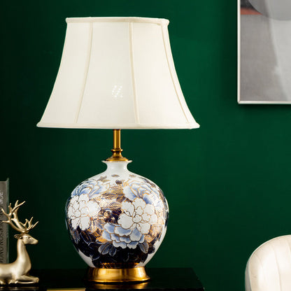 Traditional Chinese Ball Base Ceramic Metal Fabric 1-Light Table Lamp For Bedroom