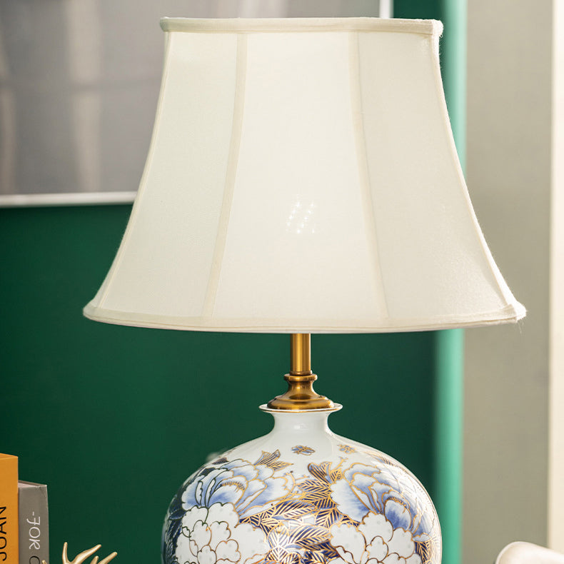 Traditional Chinese Ball Base Ceramic Metal Fabric 1-Light Table Lamp For Bedroom