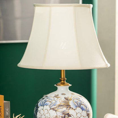 Traditional Chinese Ball Base Ceramic Metal Fabric 1-Light Table Lamp For Bedroom