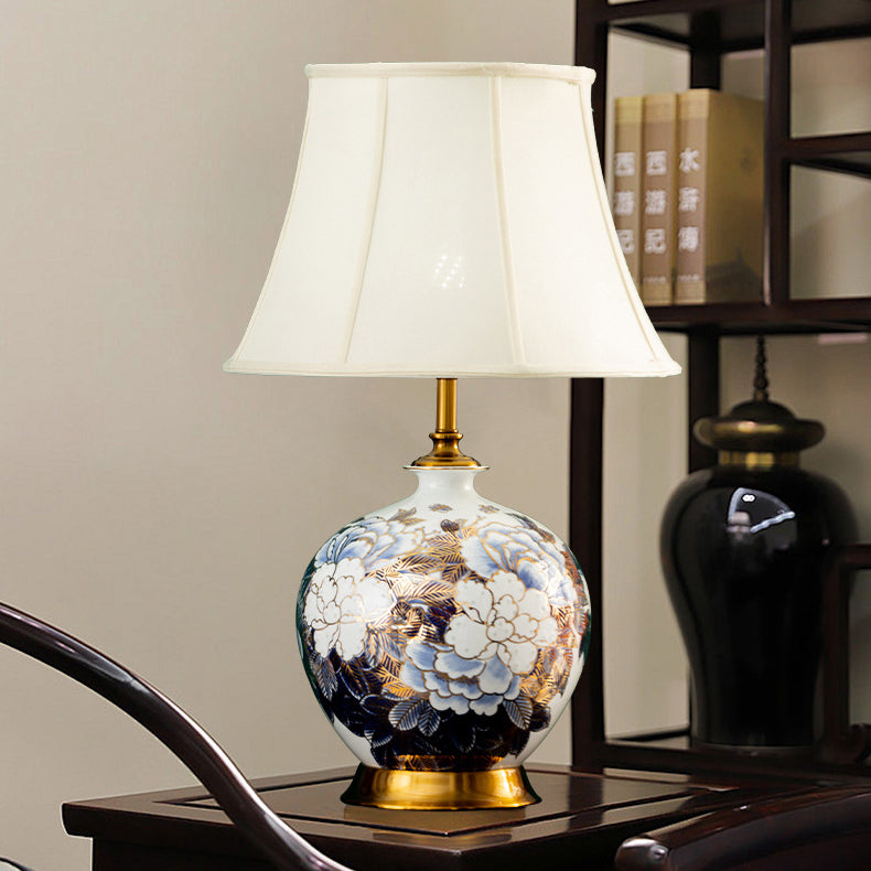Traditional Chinese Ball Base Ceramic Metal Fabric 1-Light Table Lamp For Bedroom