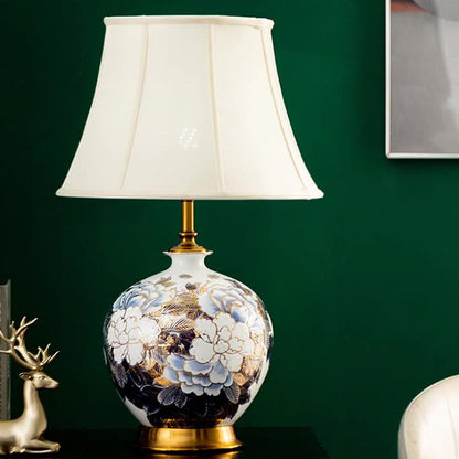 Traditional Chinese Ball Base Ceramic Metal Fabric 1-Light Table Lamp For Bedroom