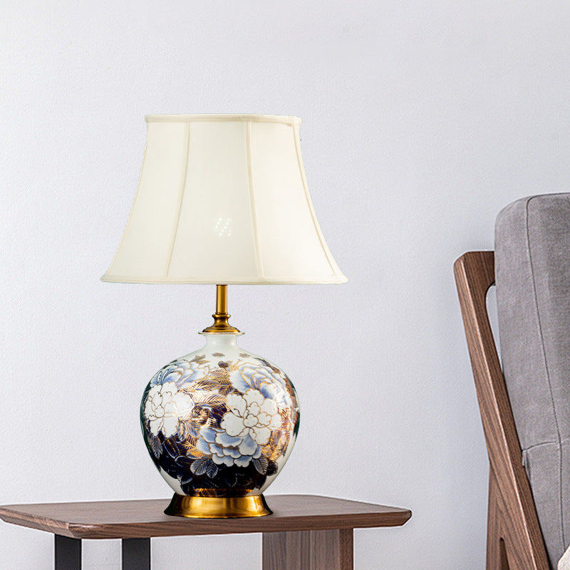 Traditional Chinese Ball Base Ceramic Metal Fabric 1-Light Table Lamp For Bedroom