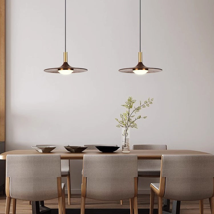 Traditional Japanese Flying Saucer Black Walnut Wood Copper Acrylic LED Pendant Light For Living Room