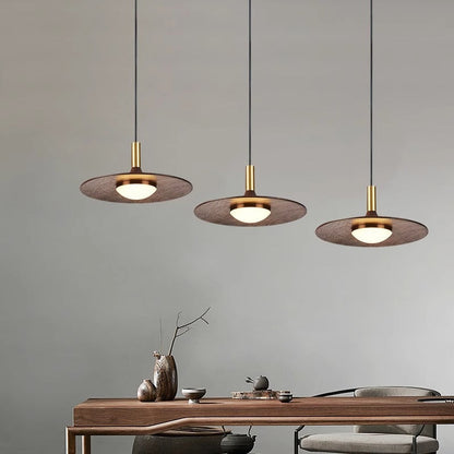 Traditional Japanese Flying Saucer Black Walnut Wood Copper Acrylic LED Pendant Light For Living Room