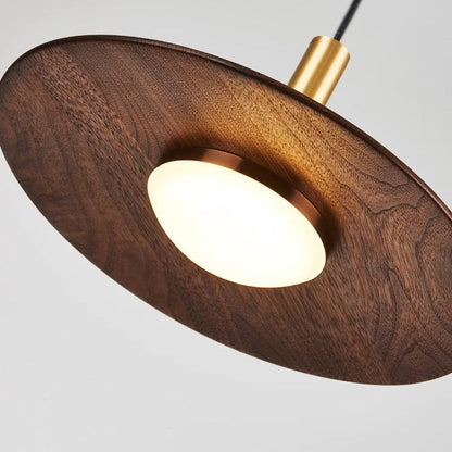 Traditional Japanese Flying Saucer Black Walnut Wood Copper Acrylic LED Pendant Light For Living Room