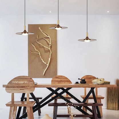 Traditional Japanese Flying Saucer Black Walnut Wood Copper Acrylic LED Pendant Light For Living Room