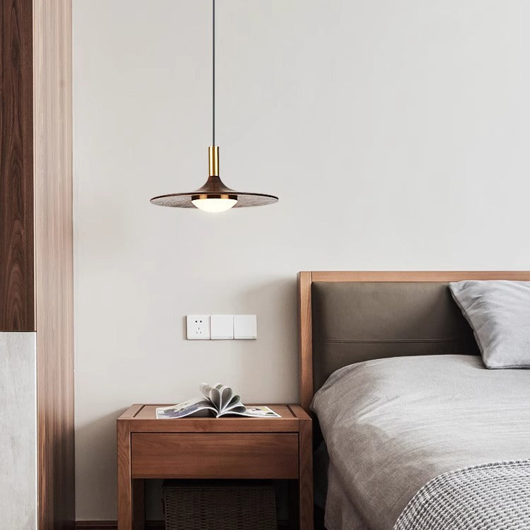 Traditional Japanese Flying Saucer Black Walnut Wood Copper Acrylic LED Pendant Light For Living Room