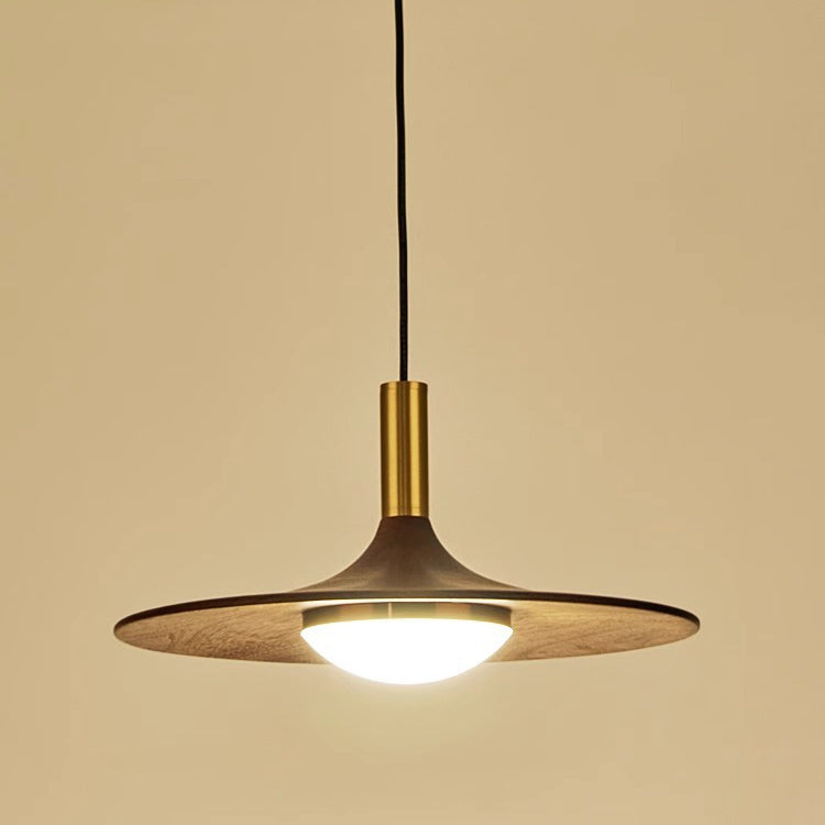 Traditional Japanese Flying Saucer Black Walnut Wood Copper Acrylic LED Pendant Light For Living Room