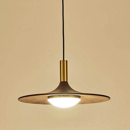 Traditional Japanese Flying Saucer Black Walnut Wood Copper Acrylic LED Pendant Light For Living Room