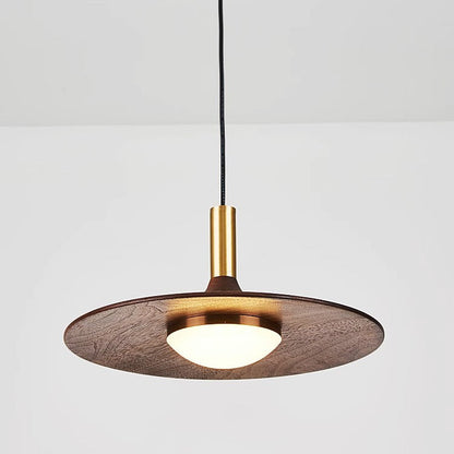 Traditional Japanese Flying Saucer Black Walnut Wood Copper Acrylic LED Pendant Light For Living Room
