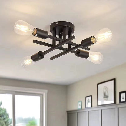 Contemporary Industrial Long Tube Iron 4-Light Semi-Flush Mount Ceiling Light For Bedroom