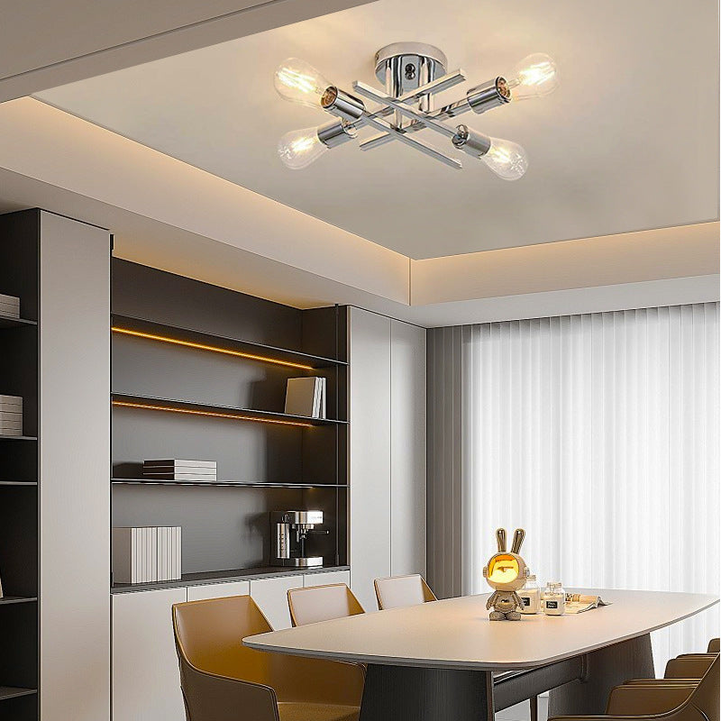 Contemporary Industrial Long Tube Iron 4-Light Semi-Flush Mount Ceiling Light For Bedroom