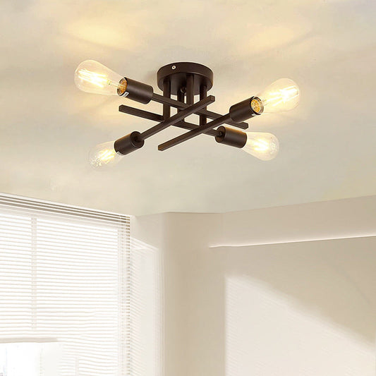Contemporary Industrial Long Tube Iron 4-Light Semi-Flush Mount Ceiling Light For Bedroom