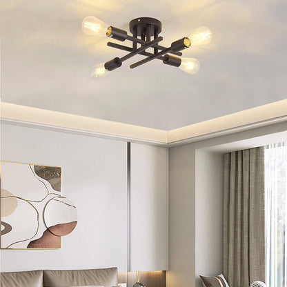 Contemporary Industrial Long Tube Iron 4-Light Semi-Flush Mount Ceiling Light For Bedroom
