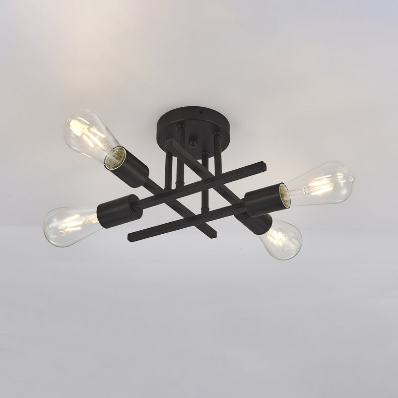 Contemporary Industrial Long Tube Iron 4-Light Semi-Flush Mount Ceiling Light For Bedroom