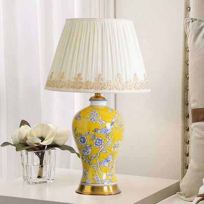 Traditional Chinese Frustum Cone Ceramic Metal Fabric 1-Light Table Lamp For Bedroom