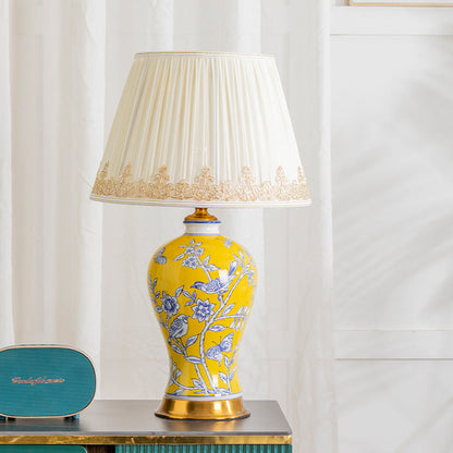 Traditional Chinese Frustum Cone Ceramic Metal Fabric 1-Light Table Lamp For Bedroom
