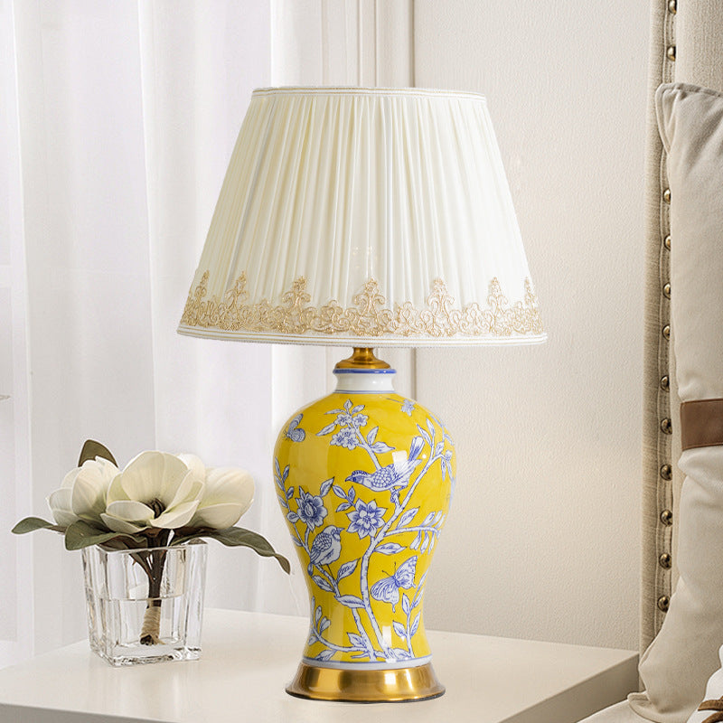 Traditional Chinese Frustum Cone Ceramic Metal Fabric 1-Light Table Lamp For Bedroom