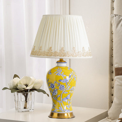 Traditional Chinese Frustum Cone Ceramic Metal Fabric 1-Light Table Lamp For Bedroom