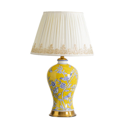 Traditional Chinese Frustum Cone Ceramic Metal Fabric 1-Light Table Lamp For Bedroom