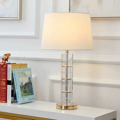 Traditional European Cylinder Crystal Metal Fabric 1-Light Table Lamp For Bedroom