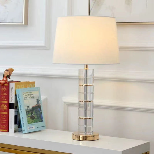 Traditional European Cylinder Crystal Metal Fabric 1-Light Table Lamp For Bedroom