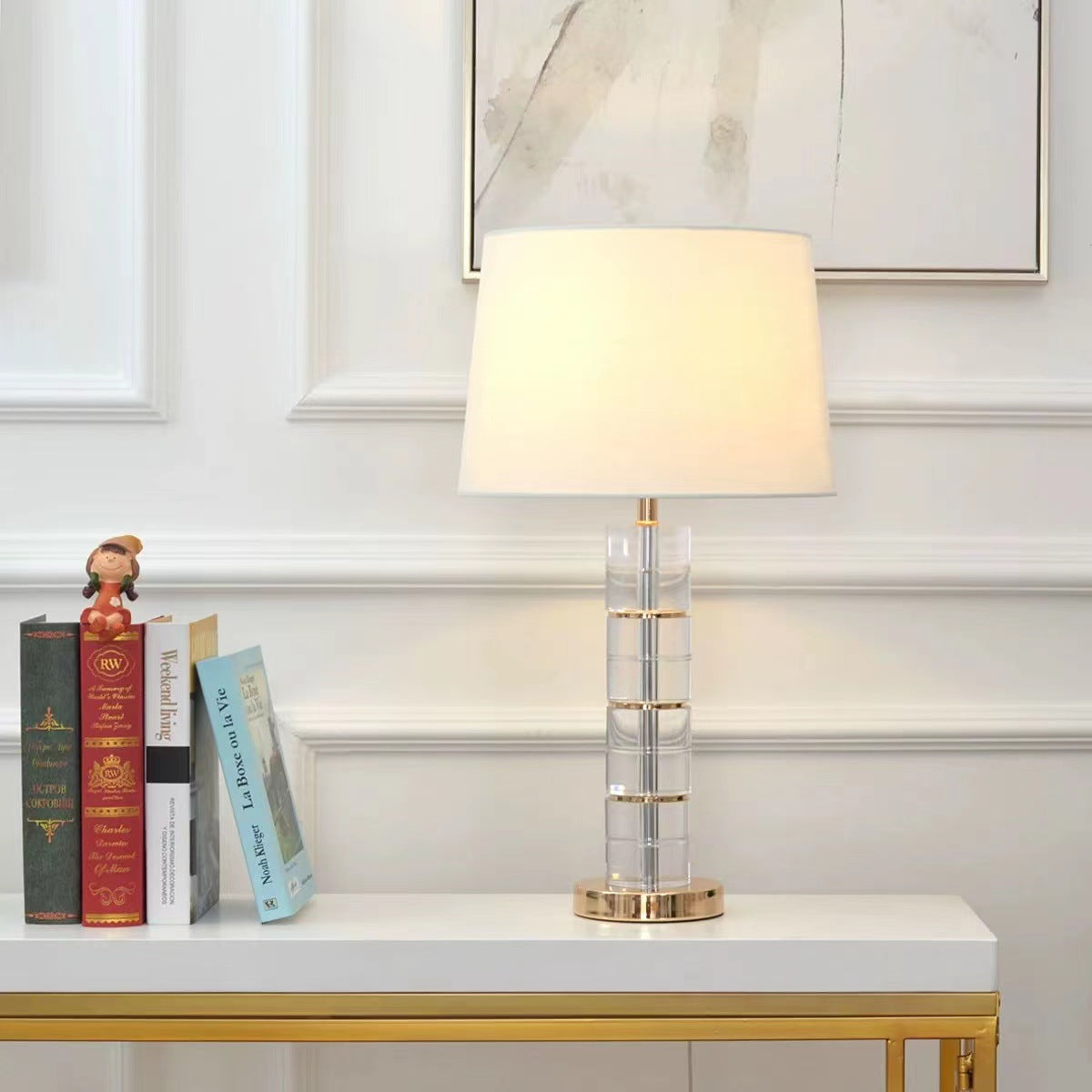 Traditional European Cylinder Crystal Metal Fabric 1-Light Table Lamp For Bedroom