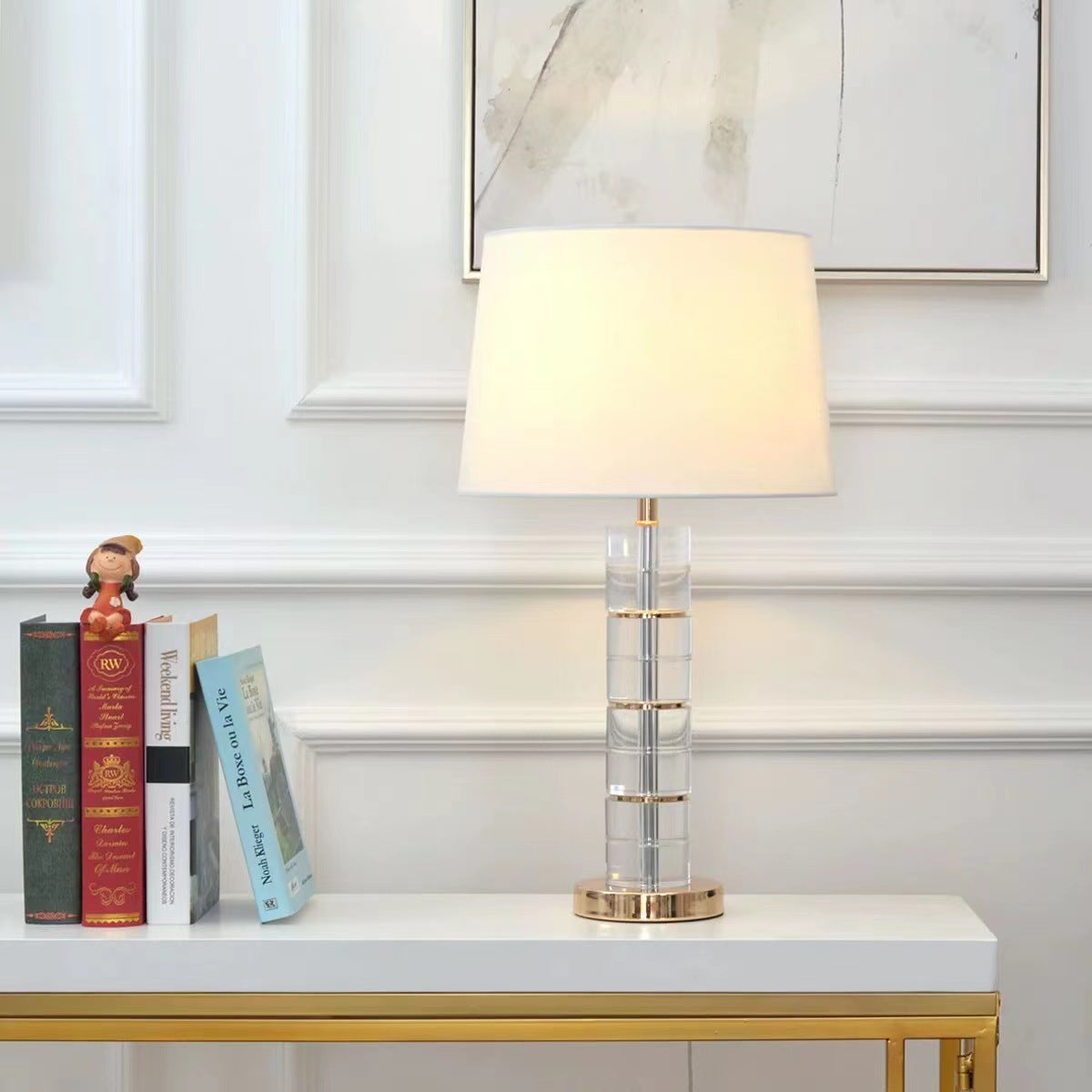 Traditional European Cylinder Crystal Metal Fabric 1-Light Table Lamp For Bedroom