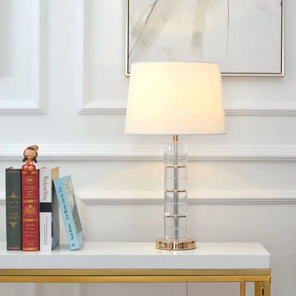 Traditional European Cylinder Crystal Metal Fabric 1-Light Table Lamp For Bedroom